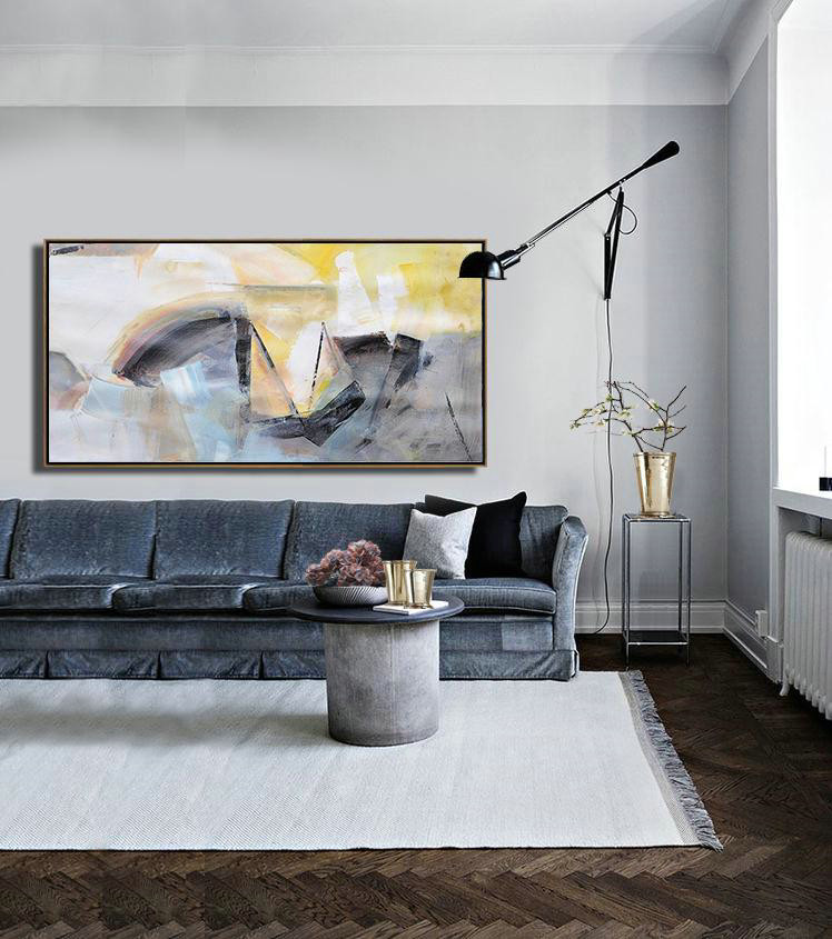 Large Abstract Art,Horizontal Palette Knife Contemporary Art Panoramic Canvas Painting,Textured Painting Canvas Art,White,Yellow,Grey,Black.etc